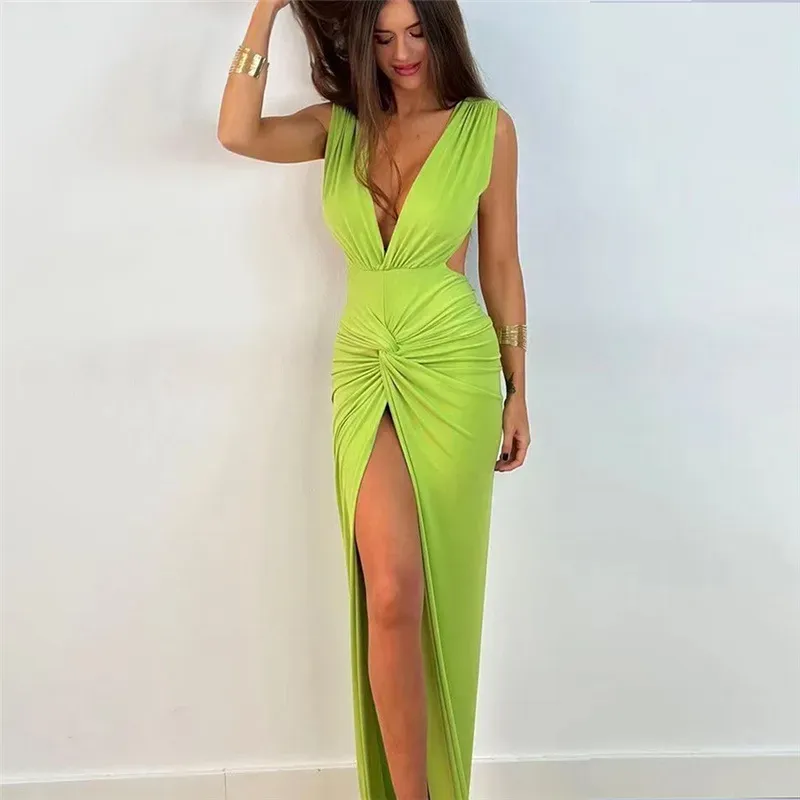 Elysia Plunge Neck Ruched Open Back Slit Maxi Dress