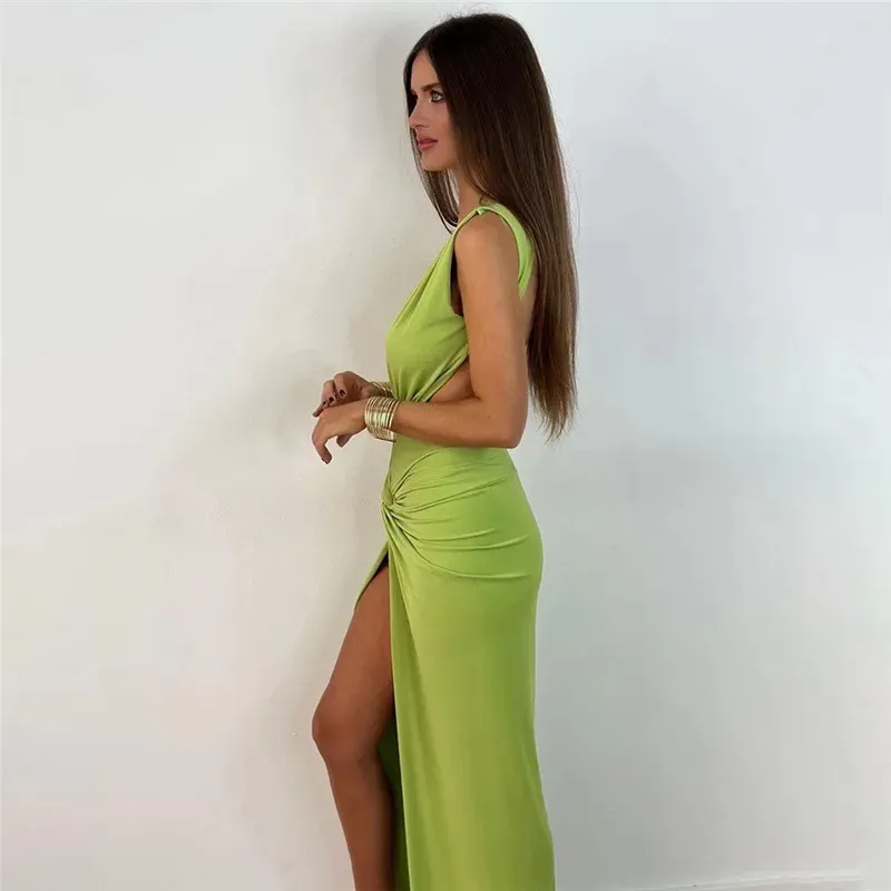 Elysia Plunge Neck Ruched Open Back Slit Maxi Dress