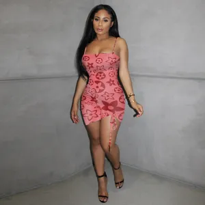 Floral Print Adjustable Suspender Mini Bodycon Dress