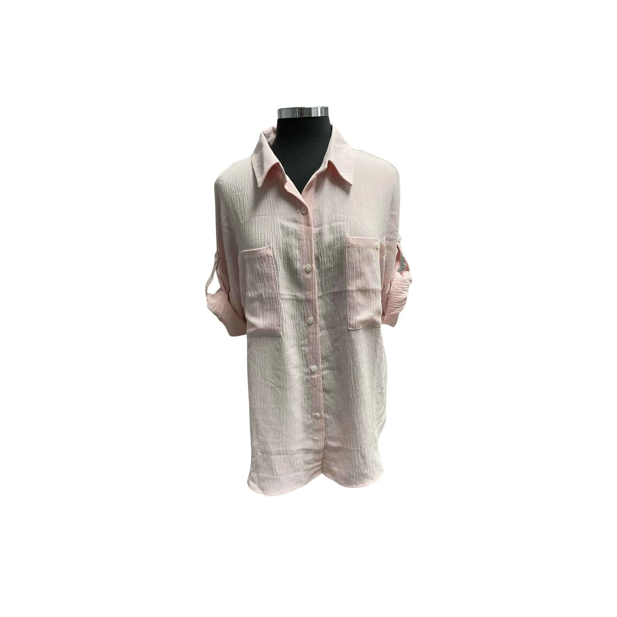 Fold Up Sleeve Button Down Blouse