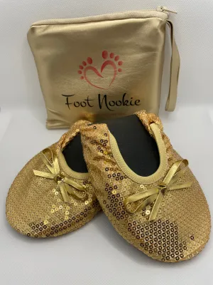 Foldable Ballet Slippers and Matching Bag - Gold Sequined