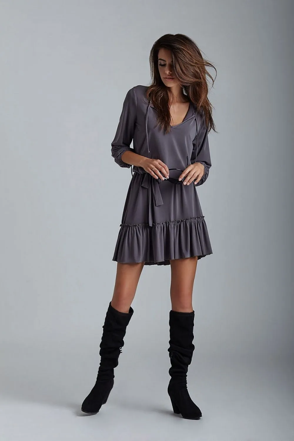 Frilled Hem Belted Relaxed Dress