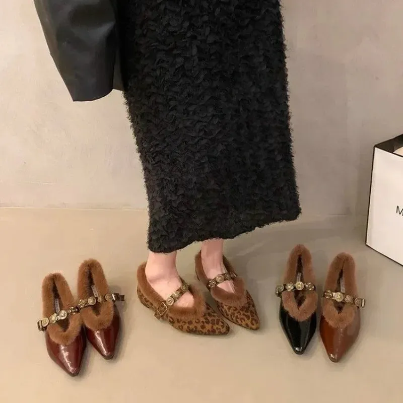 Fur Pointed Toe Women Sexy Chelsea Boots Elegant Ankle Flats Warm Winter Shoes 2024 New Designer Style Fashion Female Footwear