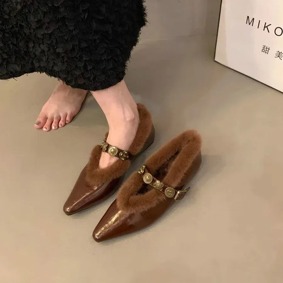 Fur Pointed Toe Women Sexy Chelsea Boots Elegant Ankle Flats Warm Winter Shoes 2024 New Designer Style Fashion Female Footwear