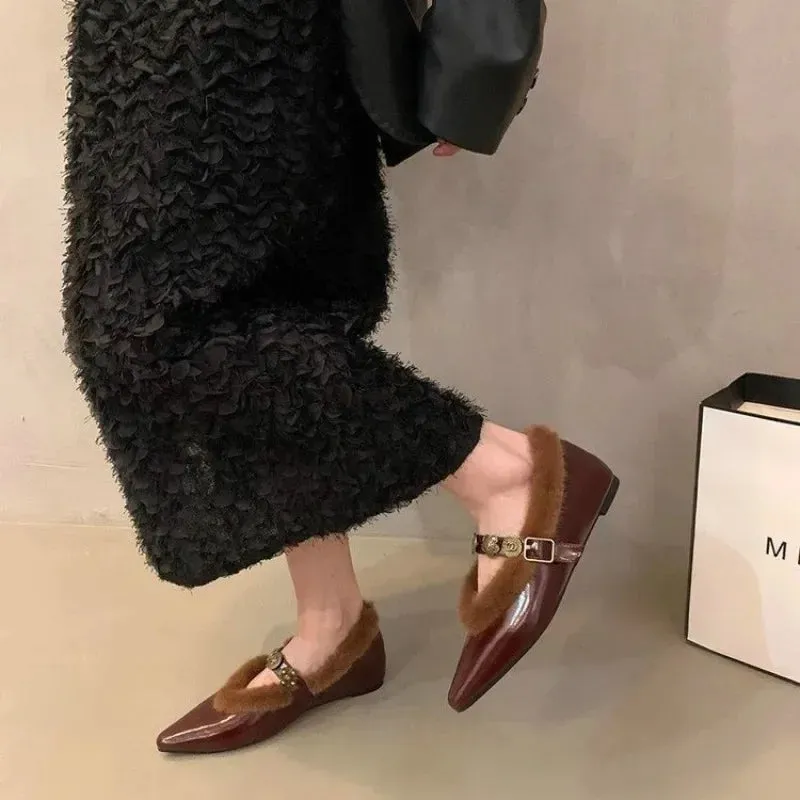 Fur Pointed Toe Women Sexy Chelsea Boots Elegant Ankle Flats Warm Winter Shoes 2024 New Designer Style Fashion Female Footwear