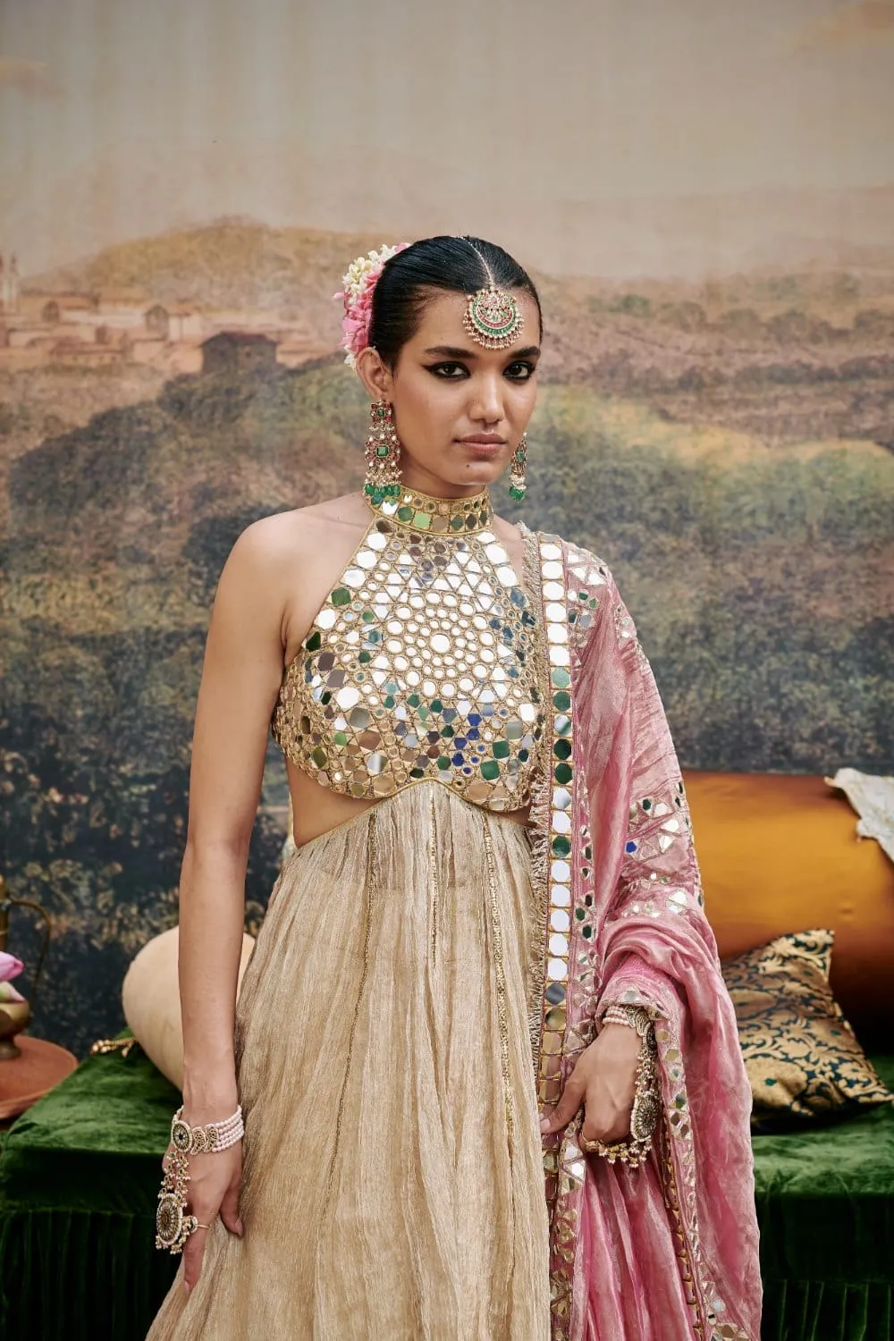 Gold Chanderi Gota Work Skirt Set