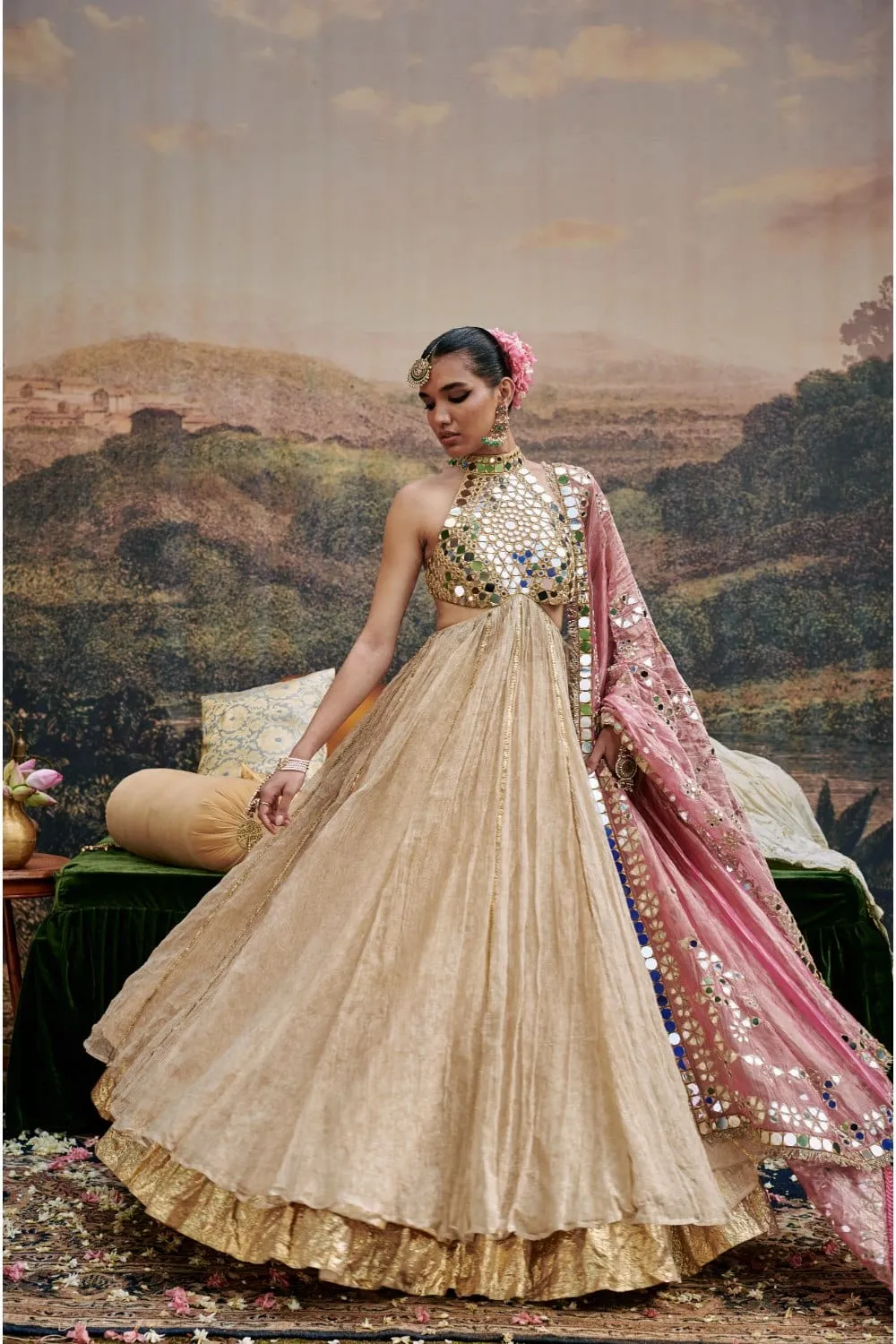 Gold Chanderi Gota Work Skirt Set