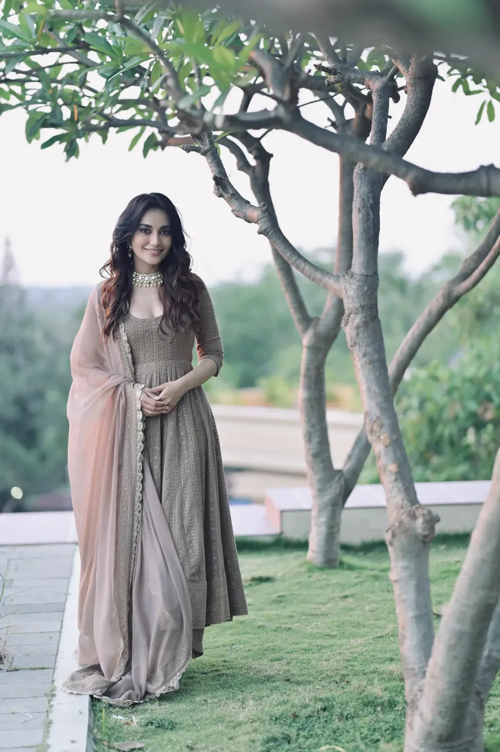 Golden chikankari Anarkali Suit Set (SET OF 3)