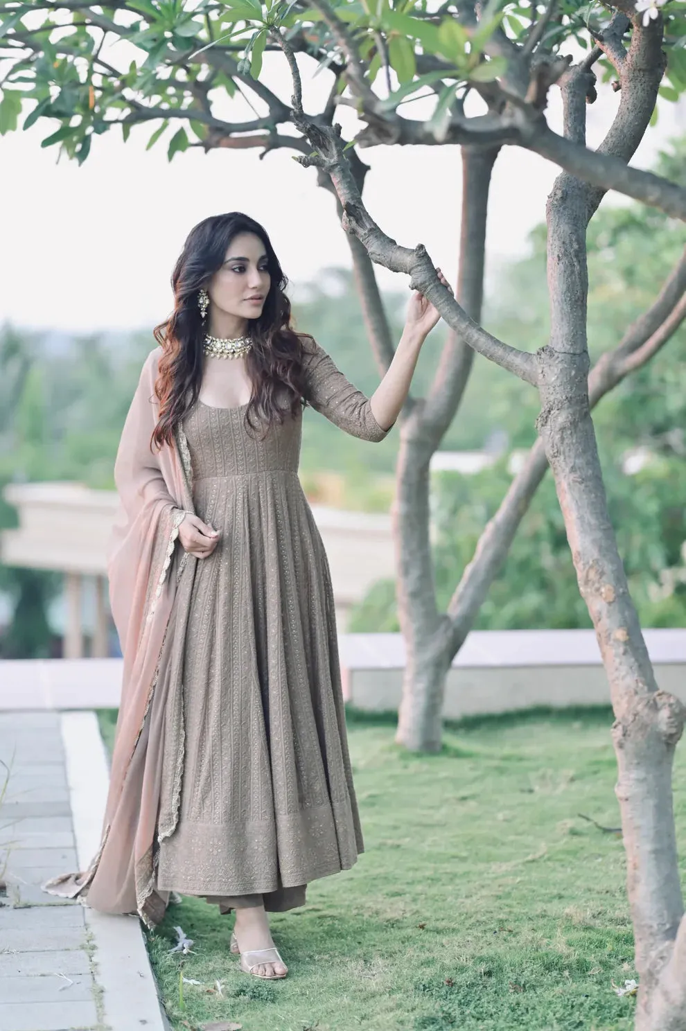 Golden chikankari Anarkali Suit Set (SET OF 3)