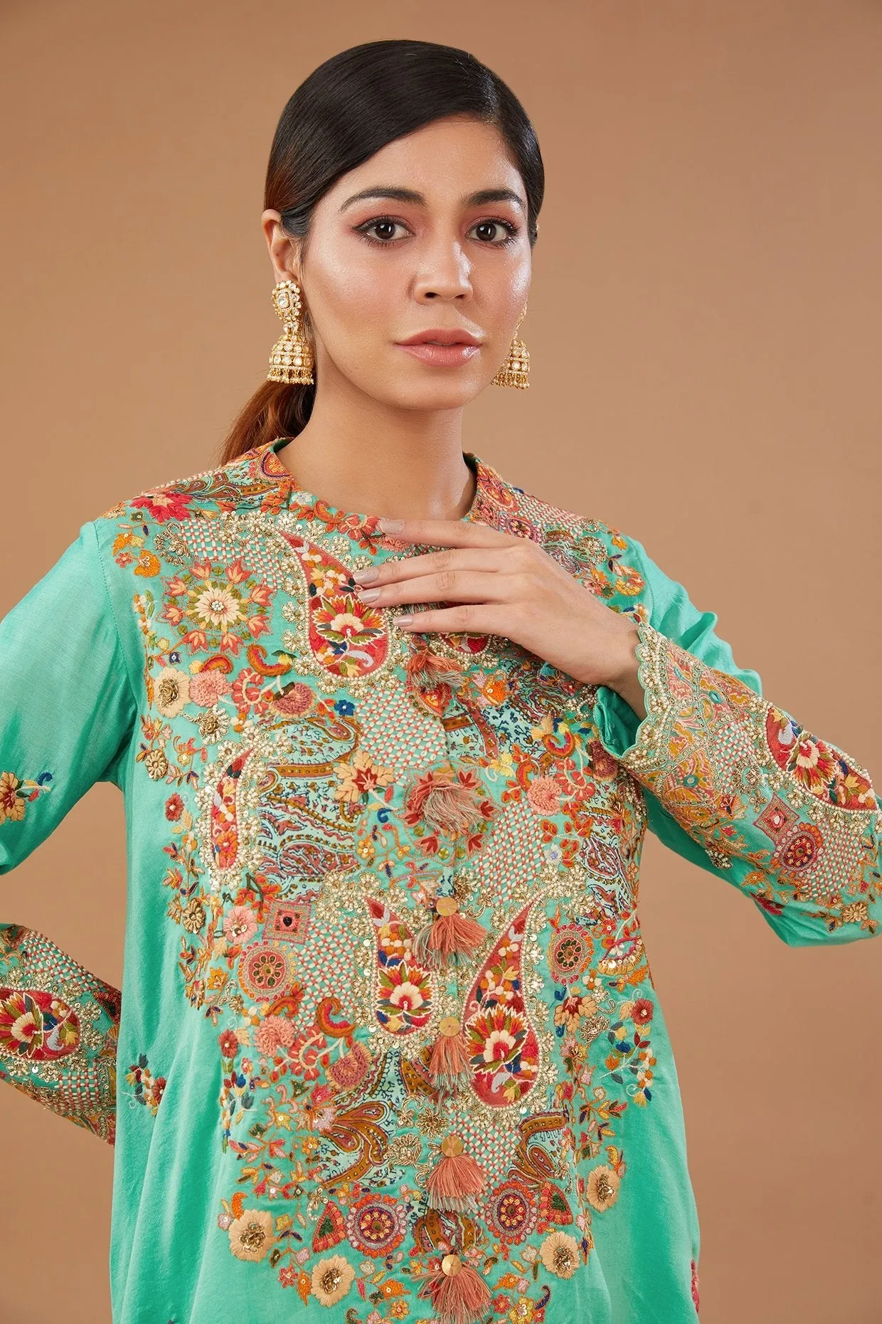 Green Chanderi Paisley Embroidered High-Low Jacket Set