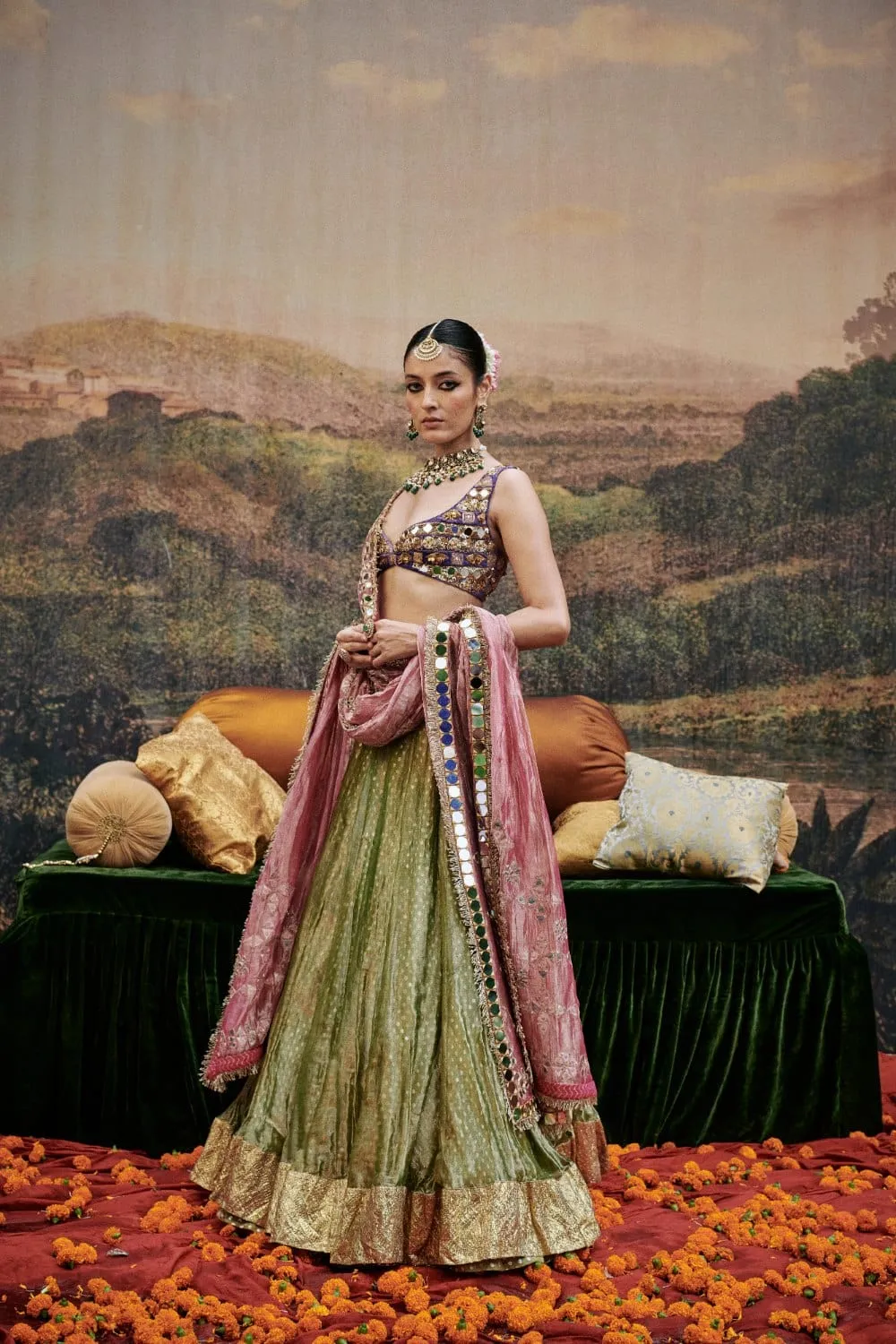 Green Tissue Lehenga Set