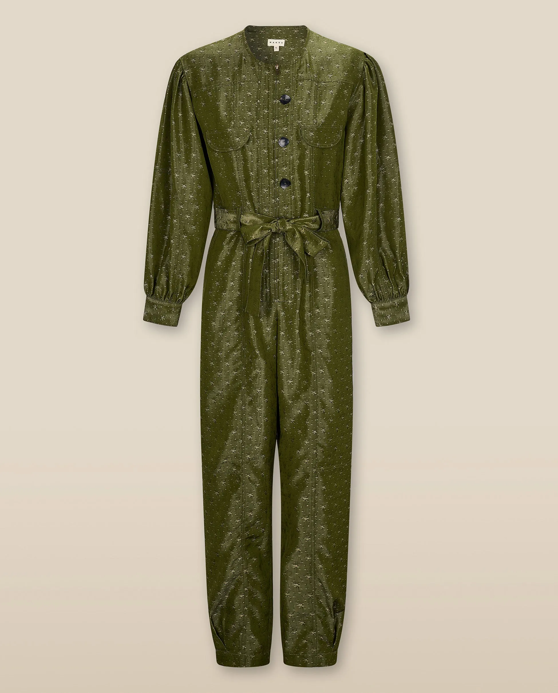 HAMA | Green & Gold Flower Jacquard Satin Jumpsuit