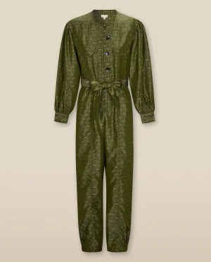 HAMA | Green & Gold Flower Jacquard Satin Jumpsuit