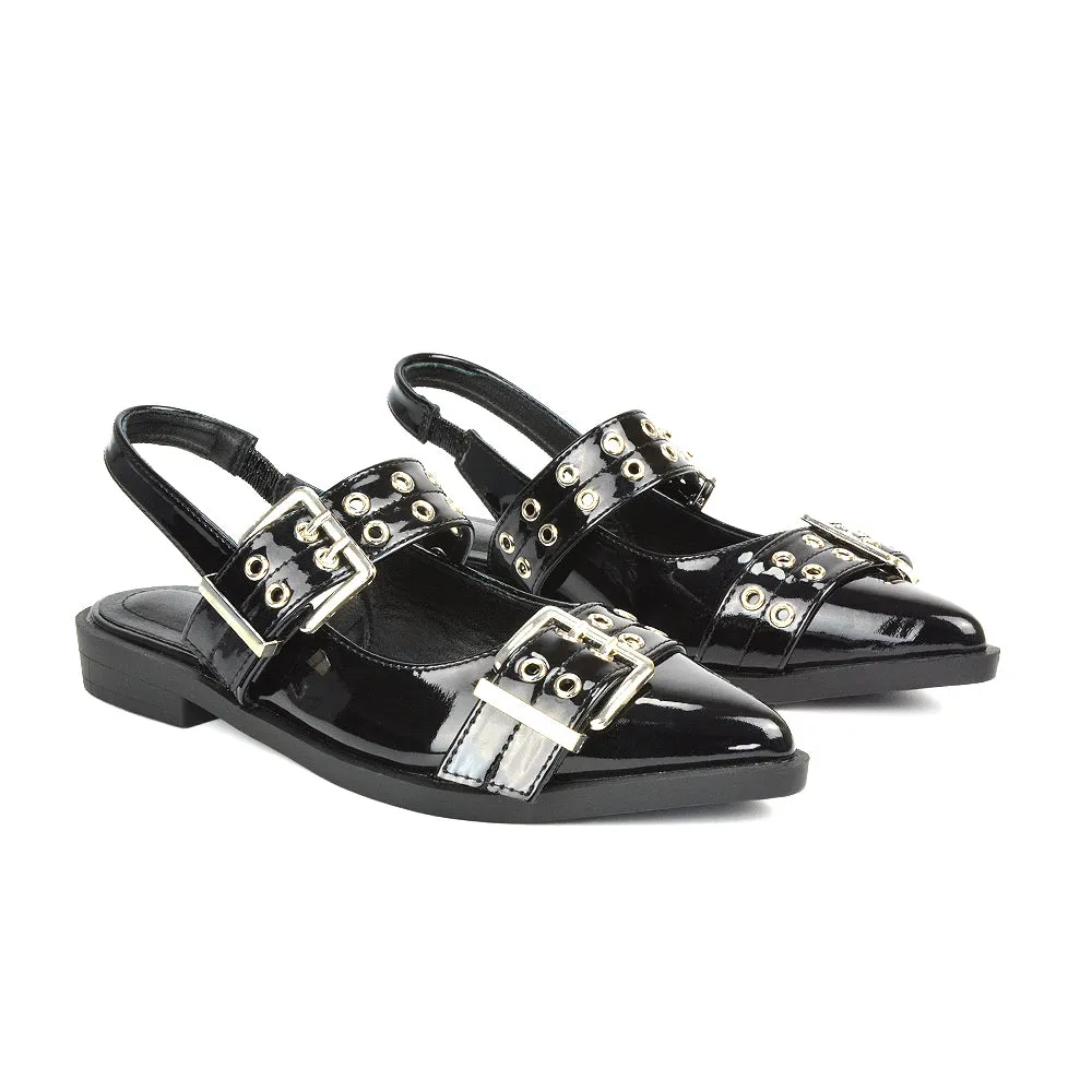 Kendall Buckle Mary Jane Ballet Pumps With Slingback Strap in Red Patent