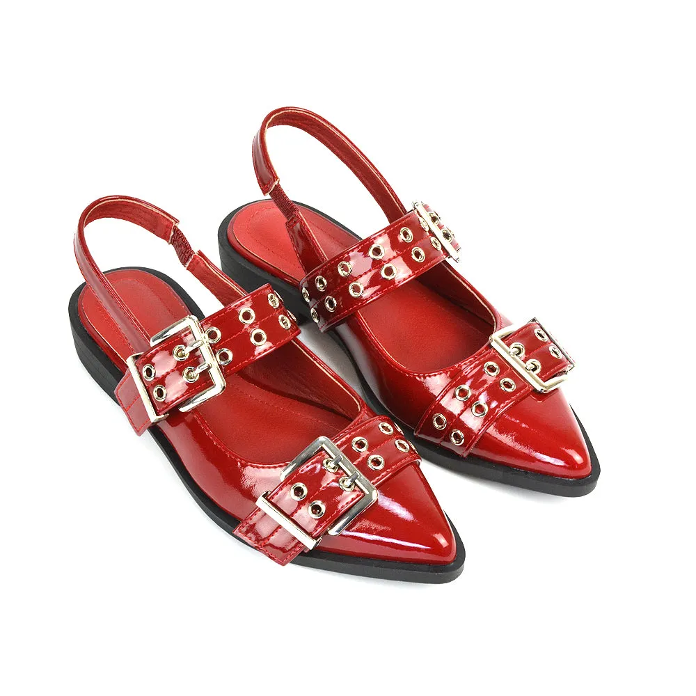 Kendall Buckle Mary Jane Ballet Pumps With Slingback Strap in Red Patent