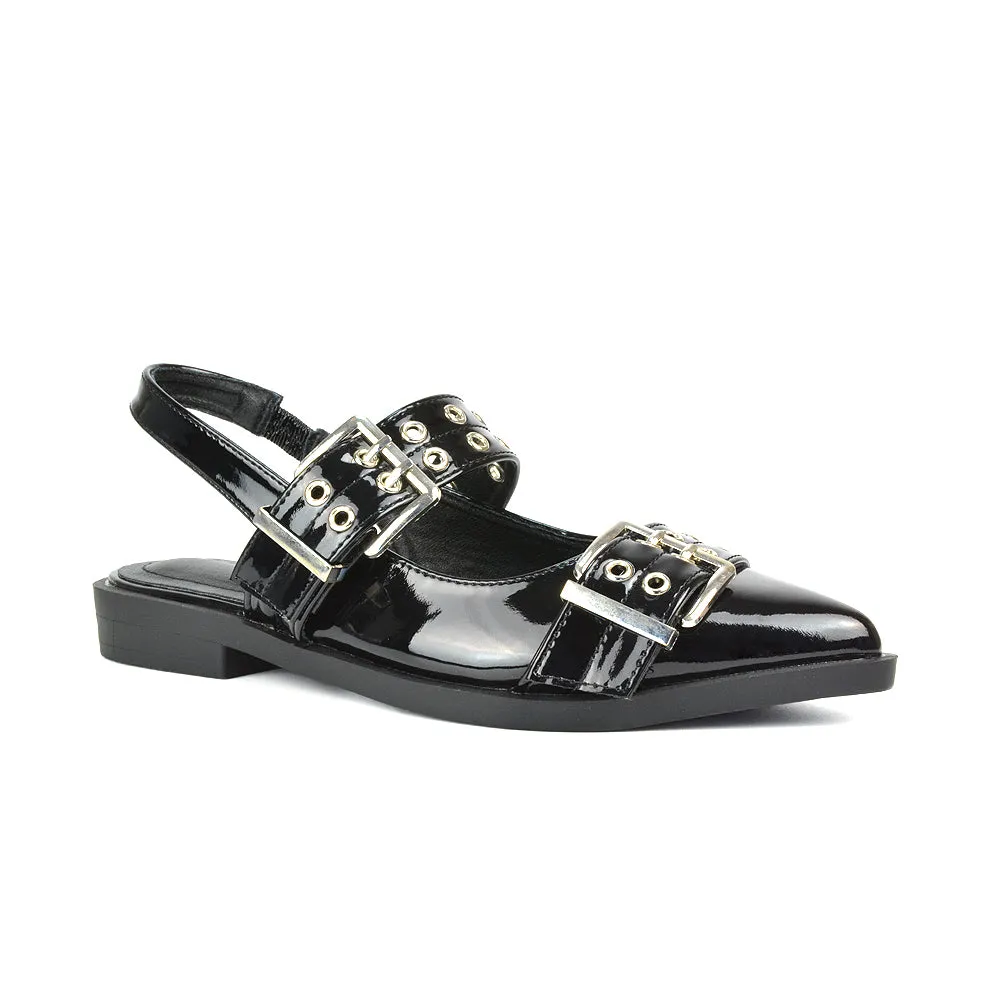 Kendall Buckle Mary Jane Ballet Pumps With Slingback Strap in Red Patent