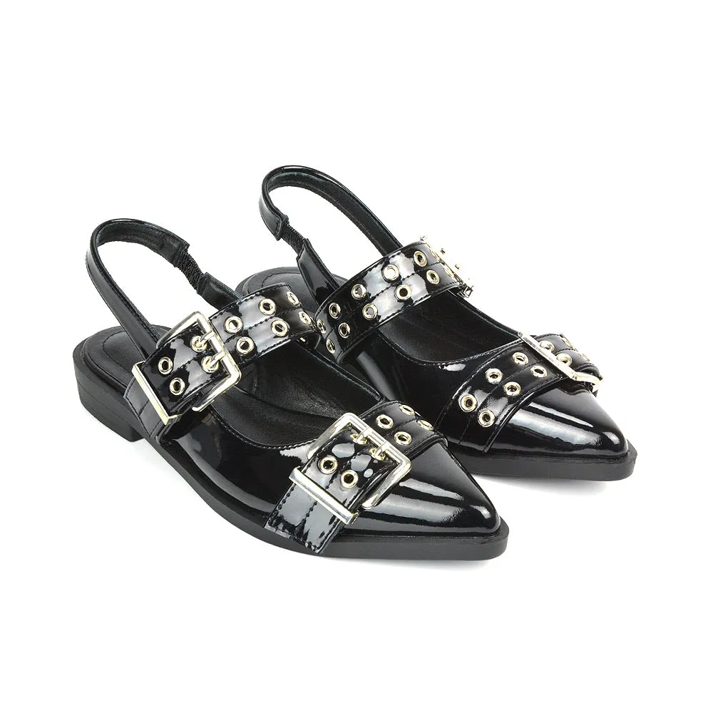 Kendall Buckle Mary Jane Ballet Pumps With Slingback Strap in Red Patent