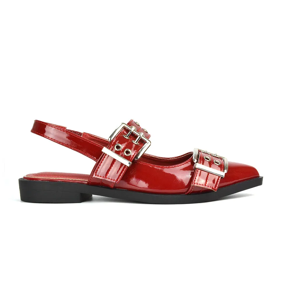 Kendall Buckle Mary Jane Ballet Pumps With Slingback Strap in Red Patent