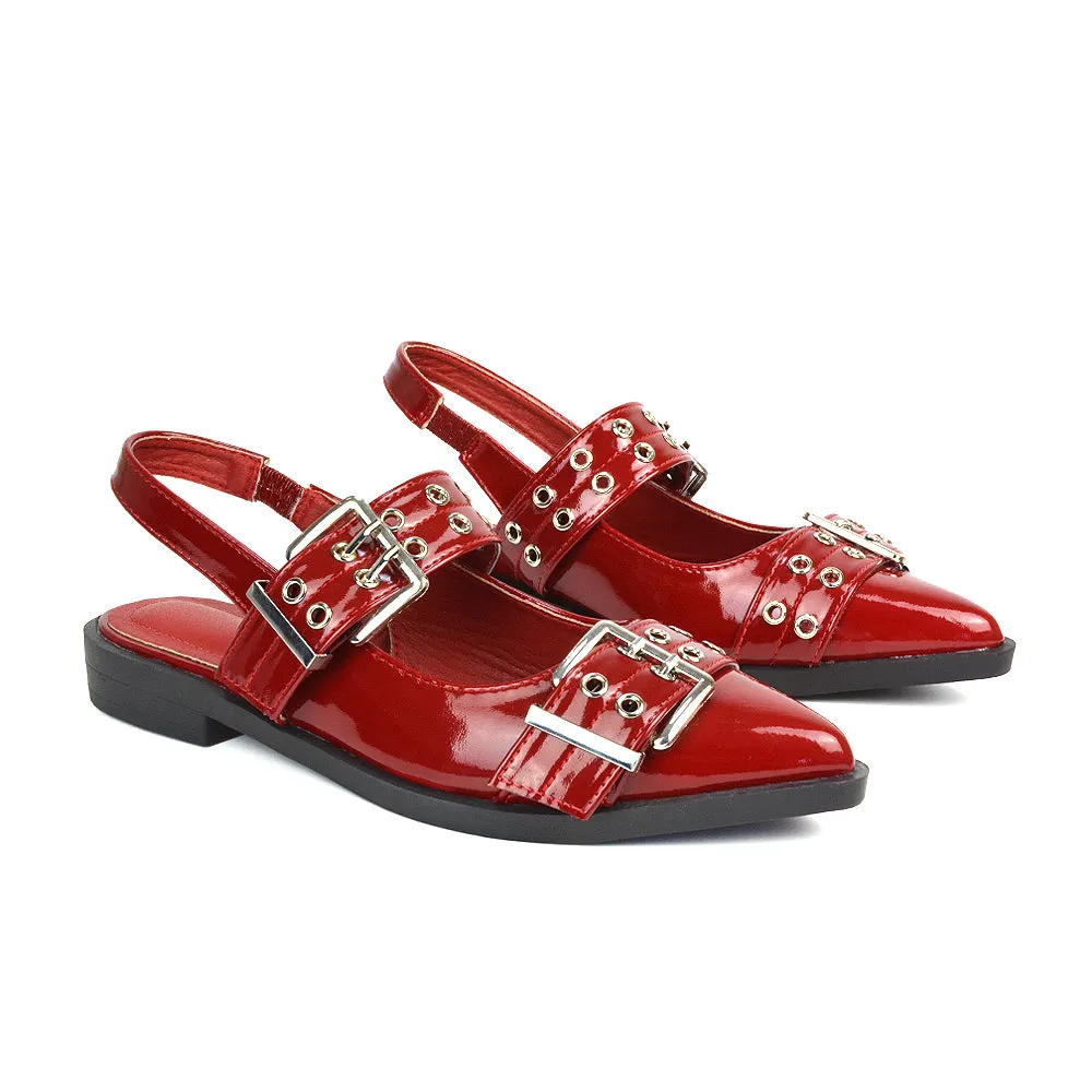 Kendall Buckle Mary Jane Ballet Pumps With Slingback Strap in Red Patent