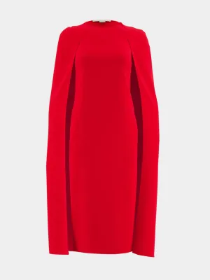 Lipstick Red Round Neck Cape Midi Dress