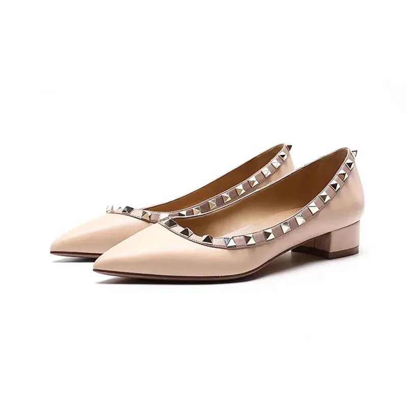 Luxury Leather Rivet High Heels | Designer Pointed Toe Square Heel Pumps for Women