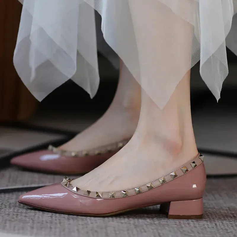 Luxury Leather Rivet High Heels | Designer Pointed Toe Square Heel Pumps for Women