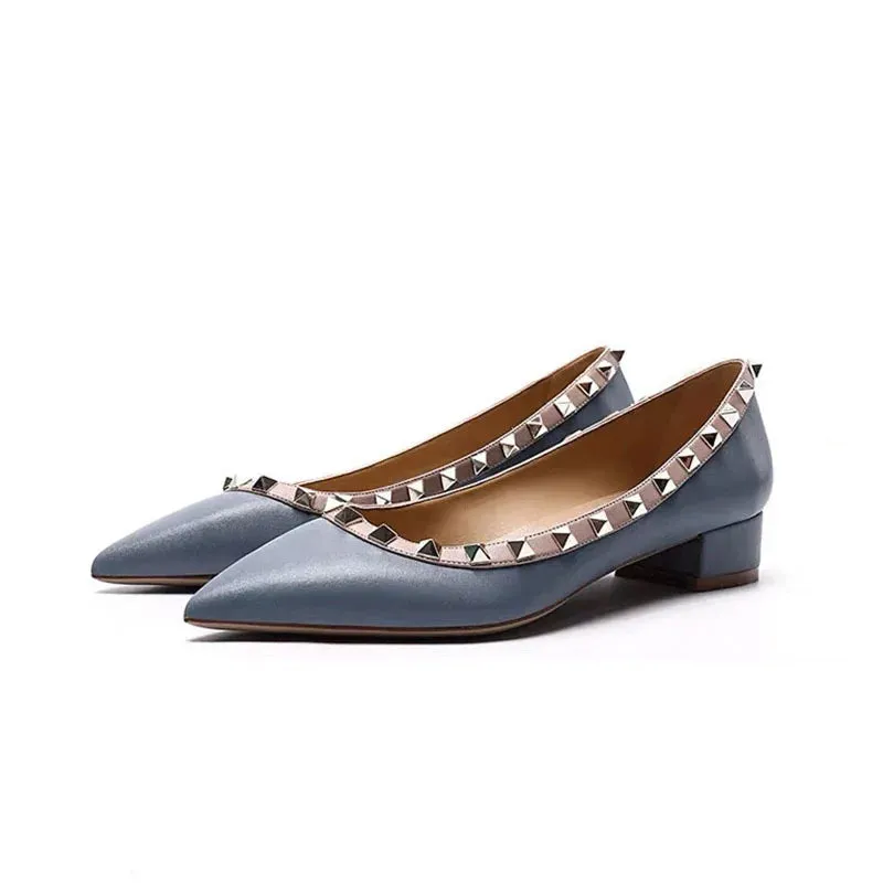 Luxury Leather Rivet High Heels | Designer Pointed Toe Square Heel Pumps for Women