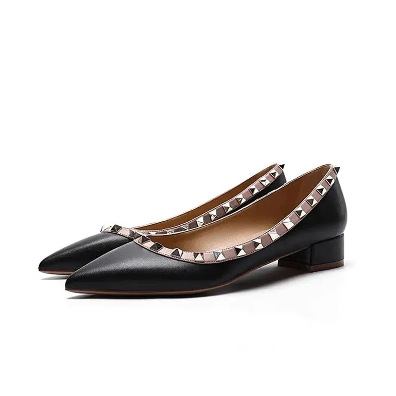 Luxury Leather Rivet High Heels | Designer Pointed Toe Square Heel Pumps for Women
