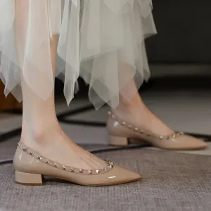 Luxury Leather Rivet High Heels | Designer Pointed Toe Square Heel Pumps for Women