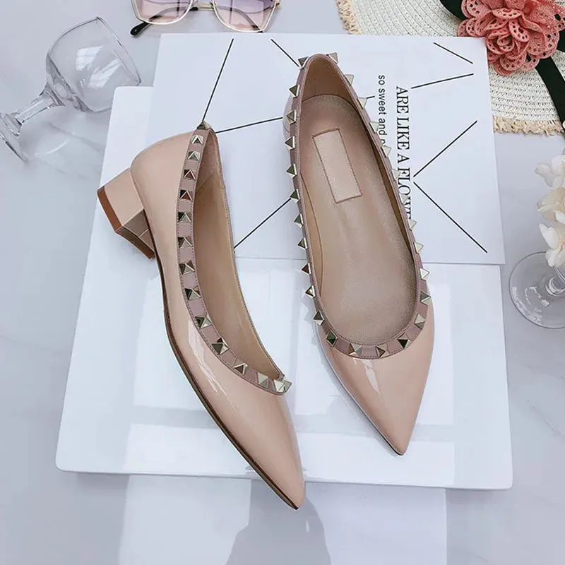 Luxury Leather Rivet High Heels | Designer Pointed Toe Square Heel Pumps for Women