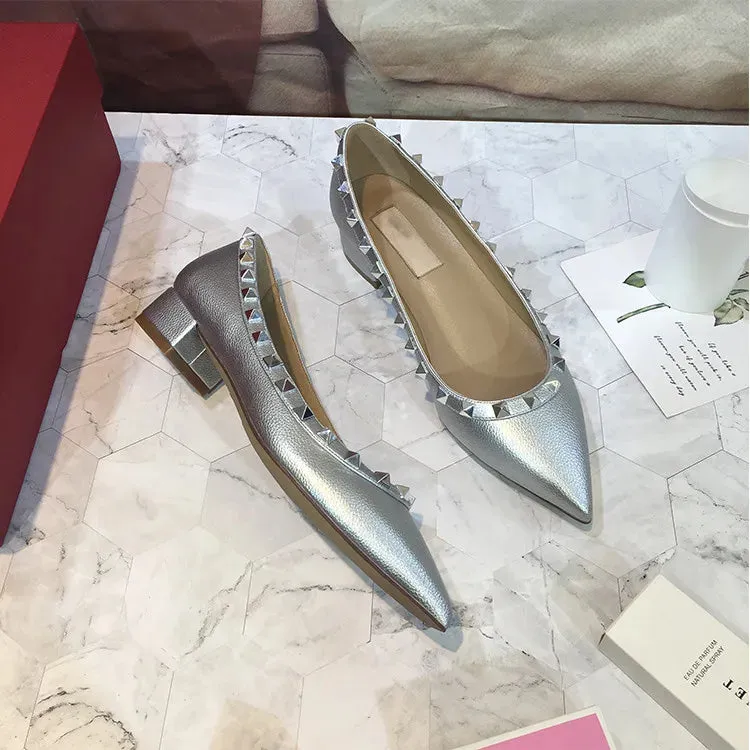 Luxury Leather Rivet High Heels | Designer Pointed Toe Square Heel Pumps for Women