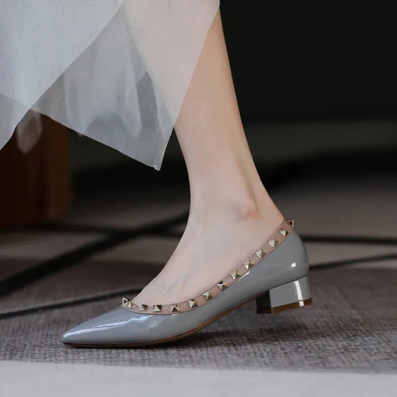 Luxury Leather Rivet High Heels | Designer Pointed Toe Square Heel Pumps for Women