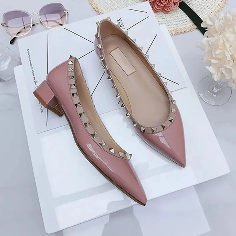 Luxury Leather Rivet High Heels | Designer Pointed Toe Square Heel Pumps for Women