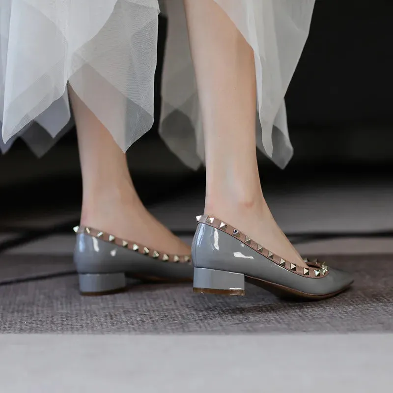 Luxury Leather Rivet High Heels | Designer Pointed Toe Square Heel Pumps for Women