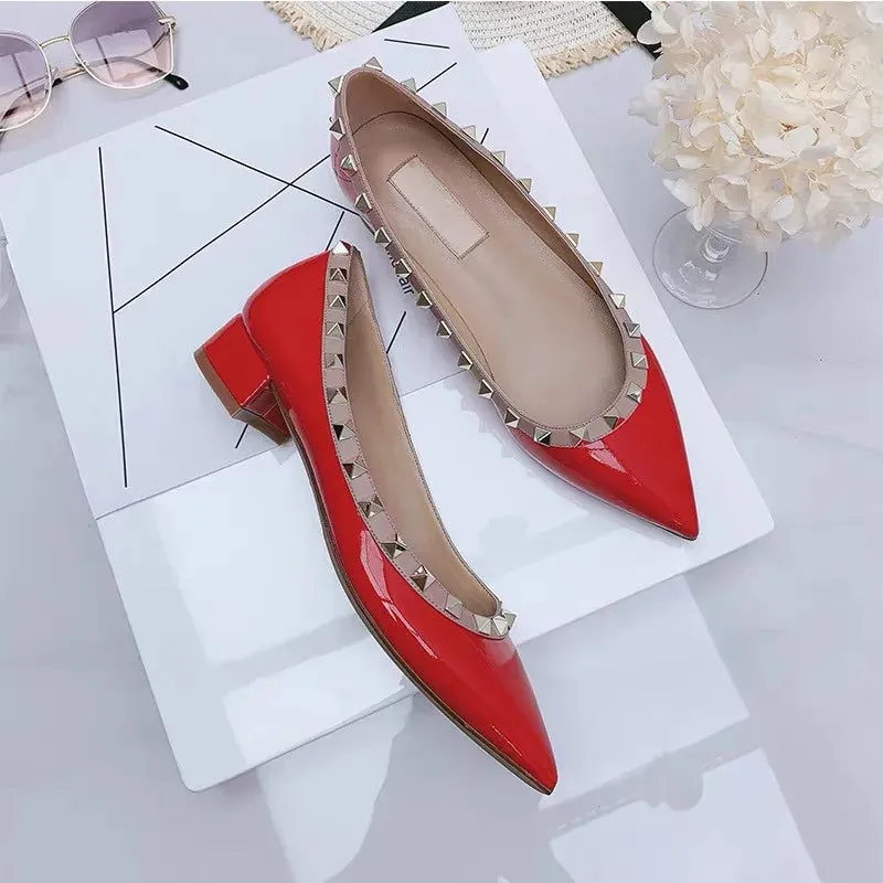 Luxury Leather Rivet High Heels | Designer Pointed Toe Square Heel Pumps for Women