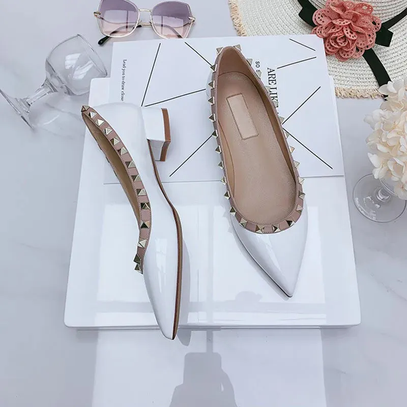 Luxury Leather Rivet High Heels | Designer Pointed Toe Square Heel Pumps for Women