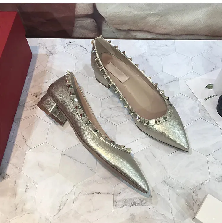 Luxury Leather Rivet High Heels | Designer Pointed Toe Square Heel Pumps for Women