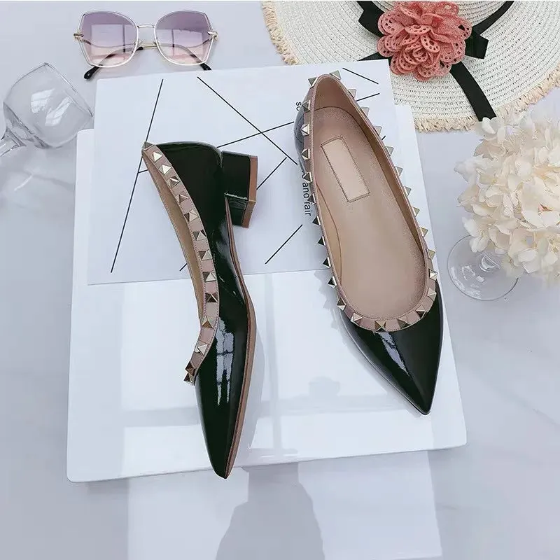 Luxury Leather Rivet High Heels | Designer Pointed Toe Square Heel Pumps for Women