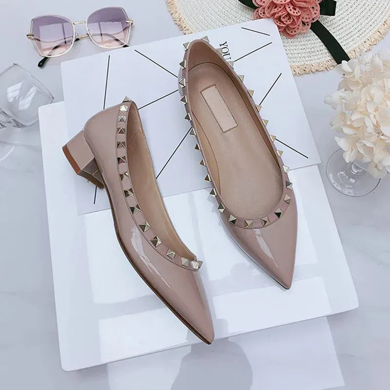 Luxury Leather Rivet High Heels | Designer Pointed Toe Square Heel Pumps for Women