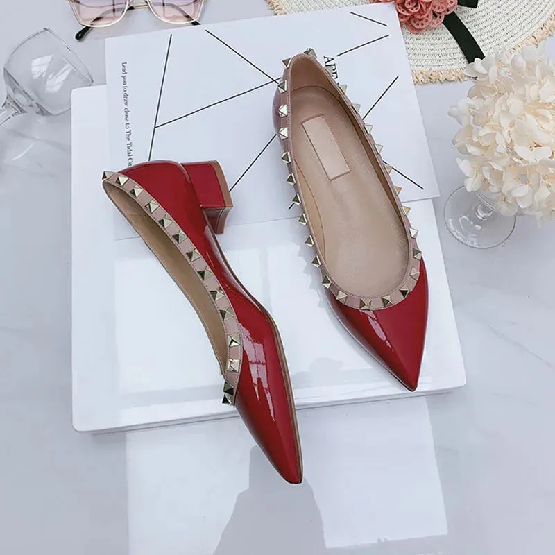 Luxury Leather Rivet High Heels | Designer Pointed Toe Square Heel Pumps for Women
