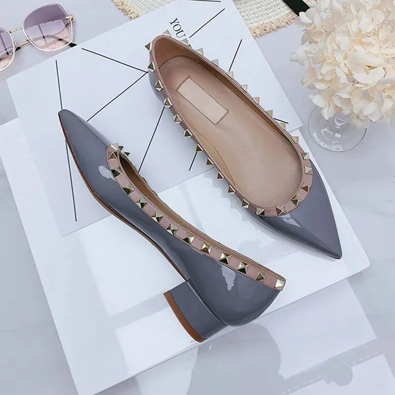 Luxury Leather Rivet High Heels | Designer Pointed Toe Square Heel Pumps for Women