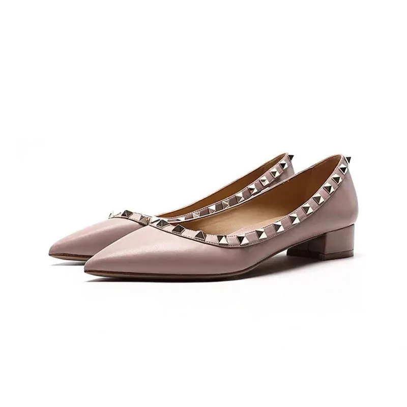 Luxury Leather Rivet High Heels | Designer Pointed Toe Square Heel Pumps for Women