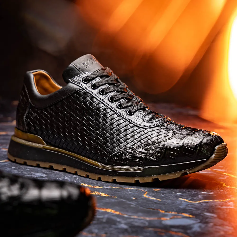 Marco Di Milano Roma in Black Caiman Crocodile & Woven Calfskin Sneakers