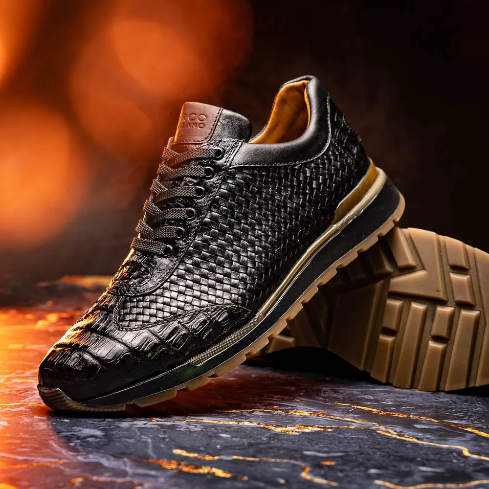 Marco Di Milano Roma in Black Caiman Crocodile & Woven Calfskin Sneakers