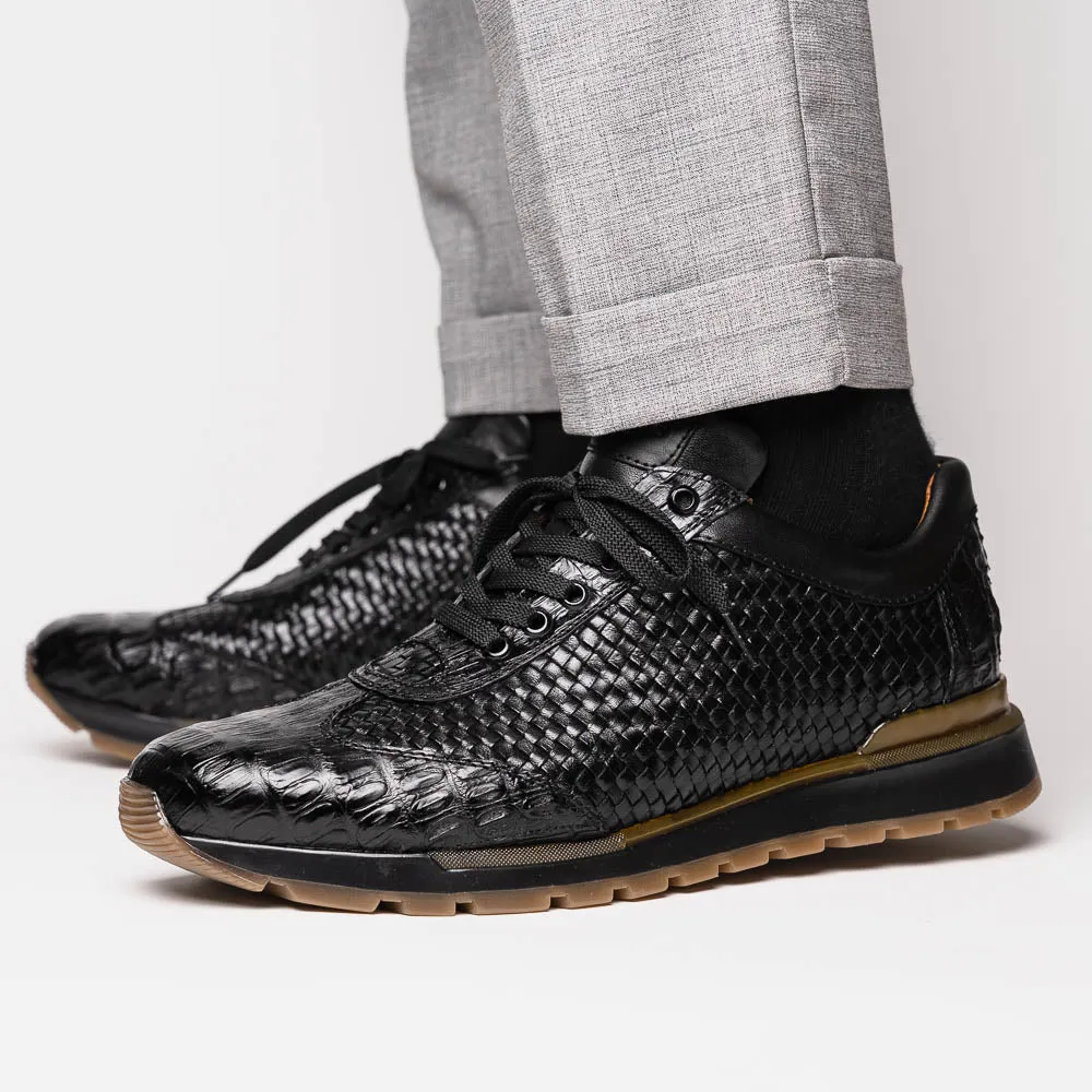 Marco Di Milano Roma in Black Caiman Crocodile & Woven Calfskin Sneakers