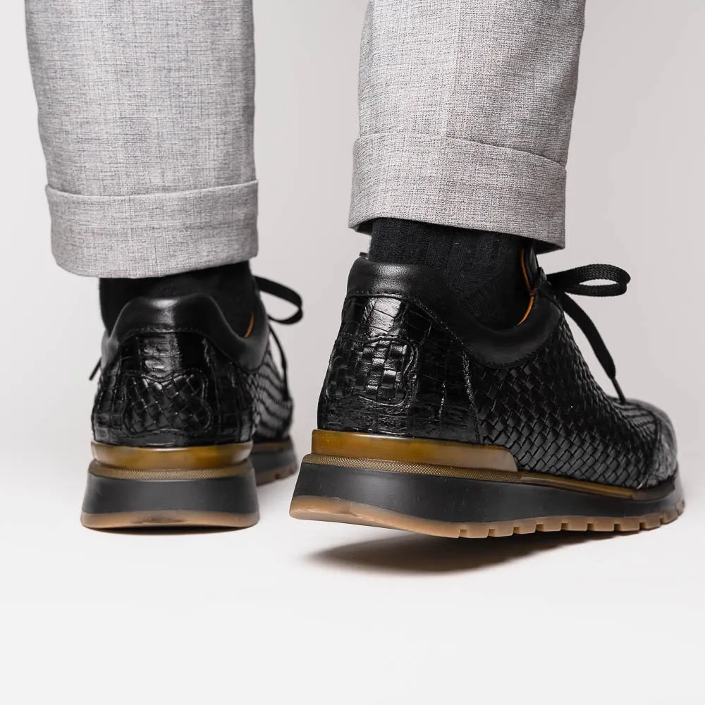 Marco Di Milano Roma in Black Caiman Crocodile & Woven Calfskin Sneakers