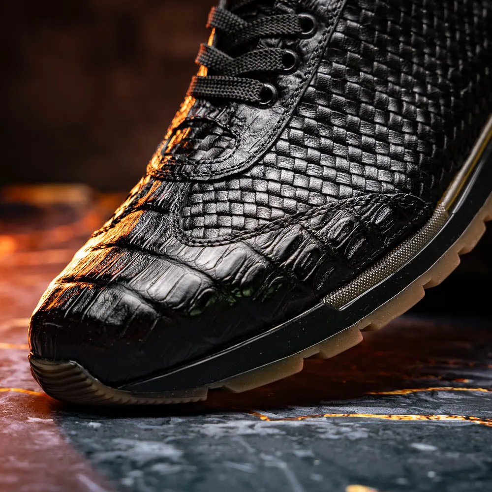 Marco Di Milano Roma in Black Caiman Crocodile & Woven Calfskin Sneakers