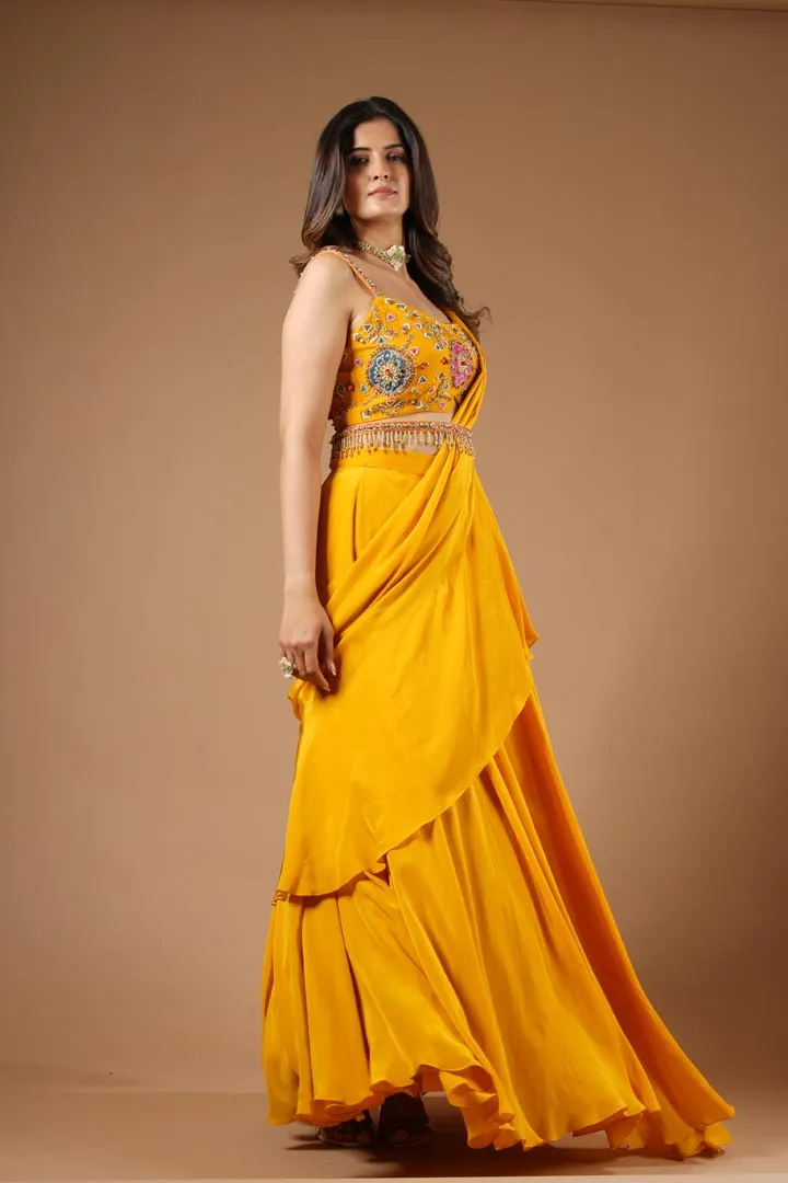Mustard Yellow Viscose Ruffled Saree Set