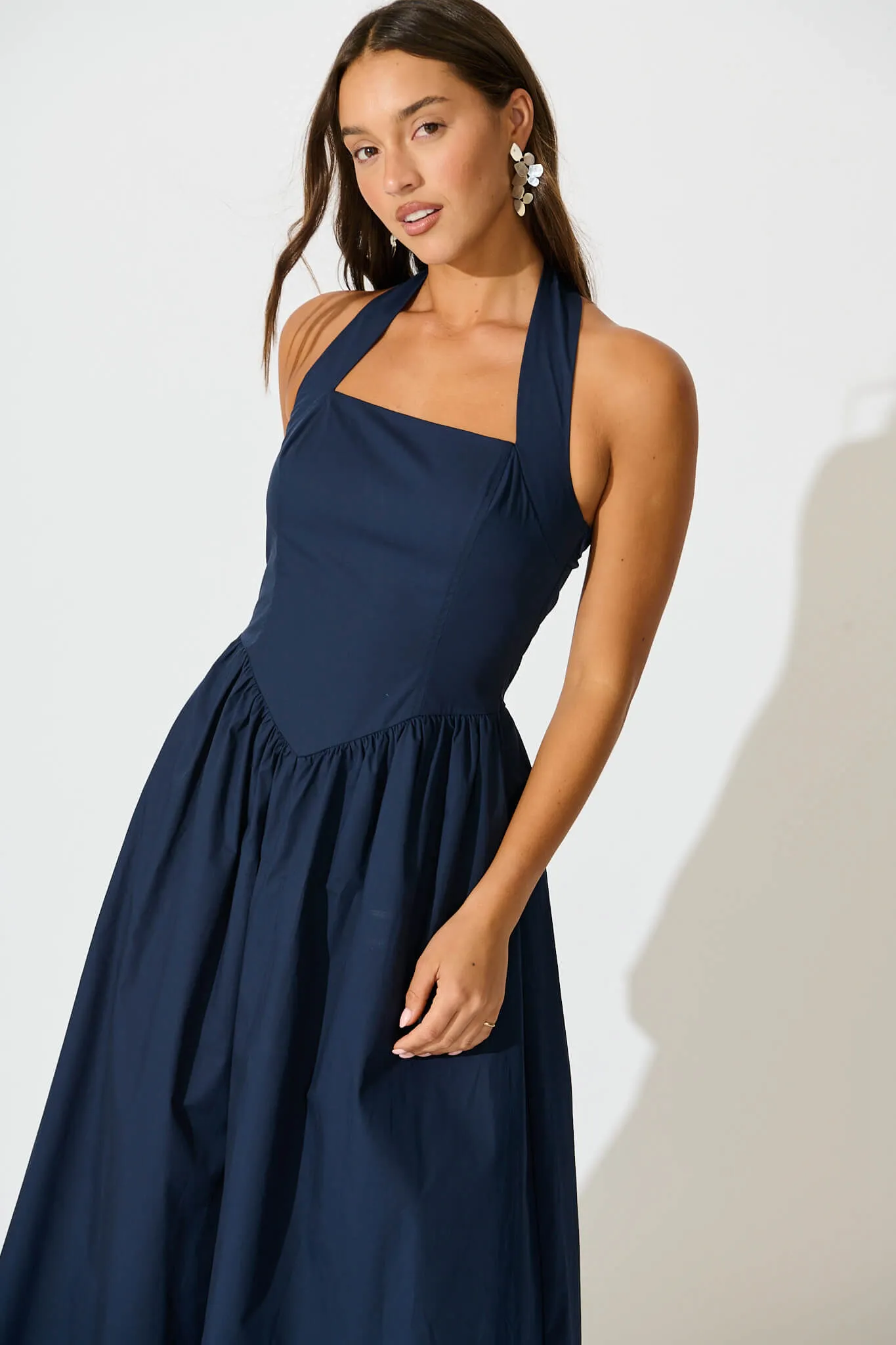 Navy Cotton Halter Maxi Dress