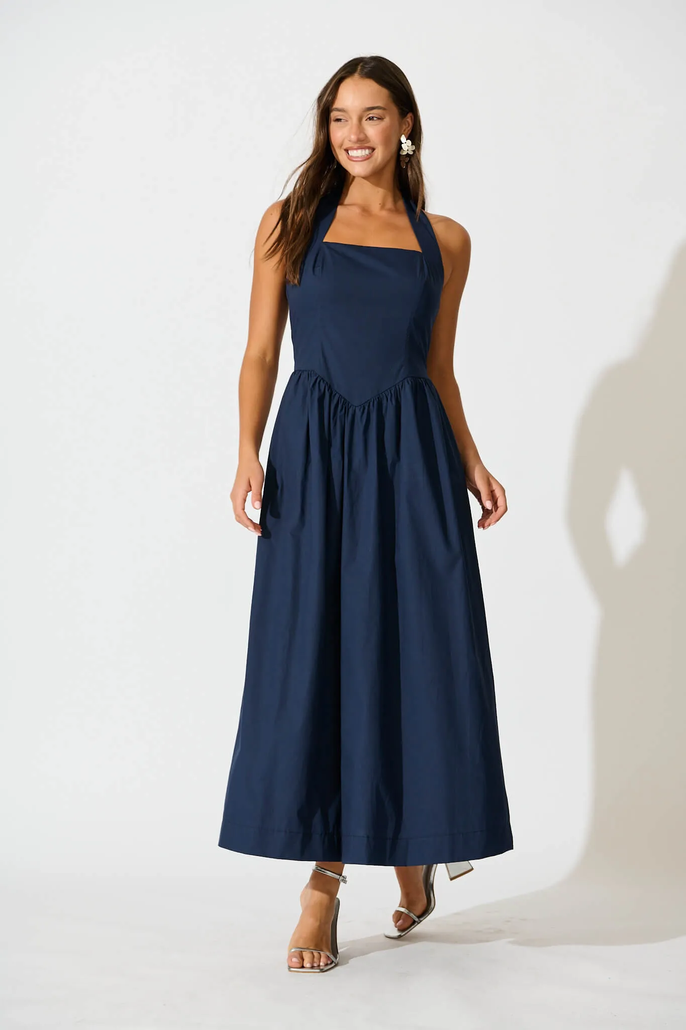 Navy Cotton Halter Maxi Dress